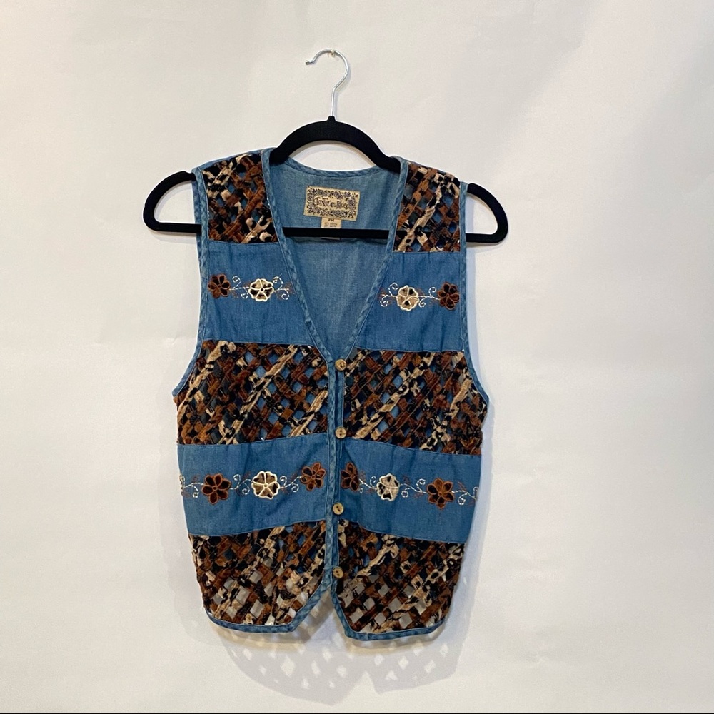Tantrums Blues Womens Petite Medium PM Denim Animal Print Sleeveless Vest Button